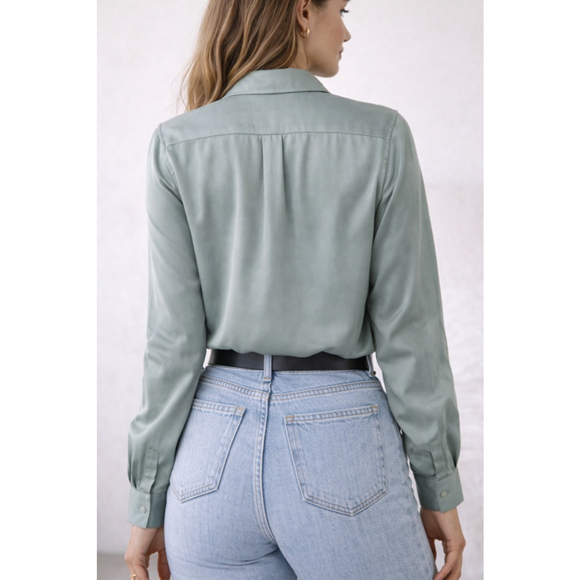 Rachel Zoe Sage Green Silky Button Down Blouse Size L - Picture 3 of 9